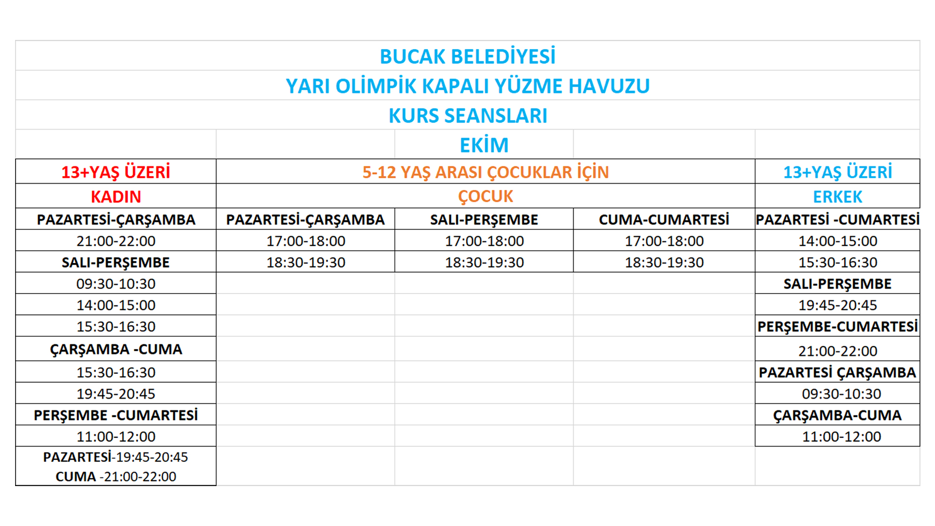 Bucak Belediyesi Yar� Olimpik Kapal� Y�zme Havuzu G�ncel Seans ve Program Bilgileri