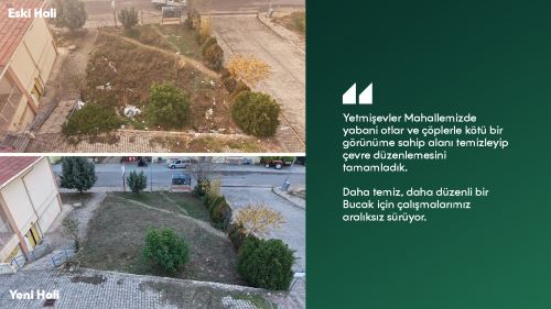 Yetmişevler Mahallemizde yabani otlar ve çöplerle kötü bir görünüme sahip alanı temizleyip çevre düzenlemesini tamamladık.